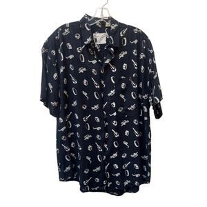 Goouch Men's Jazz Instrument Print Button Up Short Sleeve Shirt Size Small Black